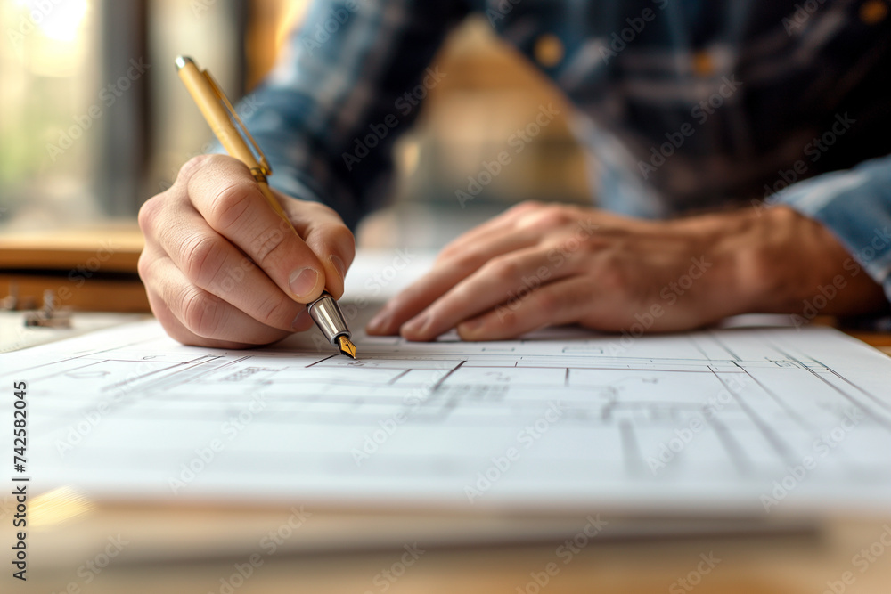 Architect holding a red pen pointing to a building on a blueprint Architect holding a red pen pointing to a building on a blueprint