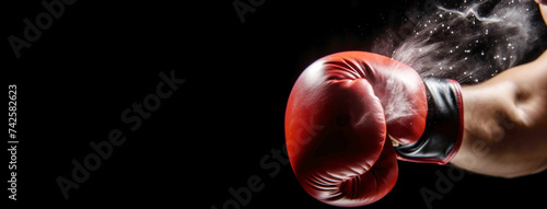 A hand in a boxing glove throws a punch, dark background isolate. © Serhii