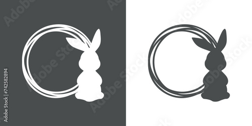 Logo con marco circular con líneas con silueta de Conejo de Pascua. Silueta de Conejito de Pascua de pie
