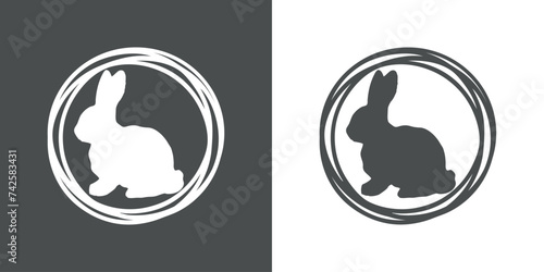 Logo con marco circular con líneas con silueta de Conejo de Pascua. Silueta de Conejito de Pascua