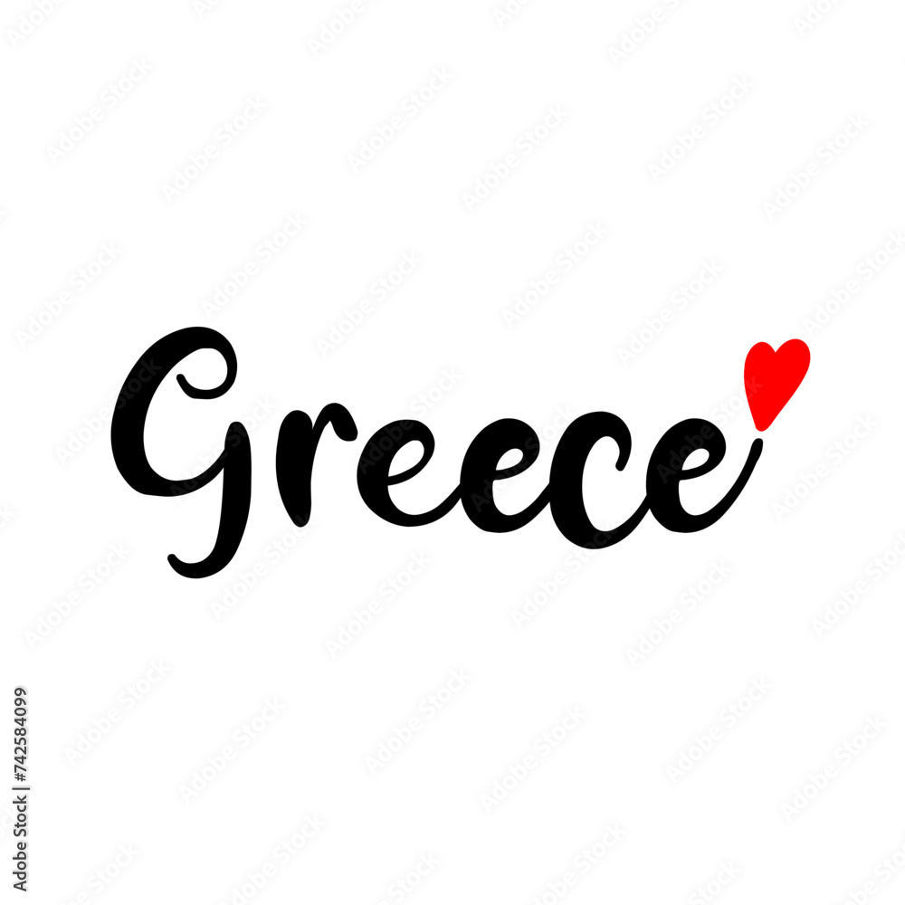 Greece word text vector modern hand written brush lettering calligraphy font with red love heart isolated on white background.