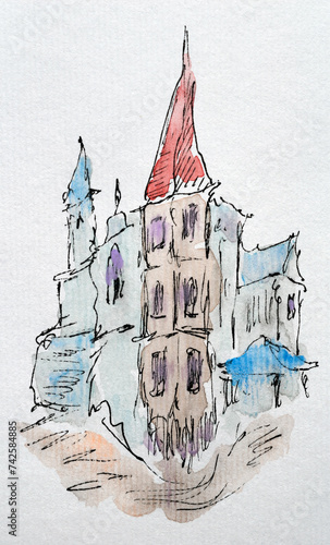 House sketch created with liner and watercolors. Color illustration on watercolor paper