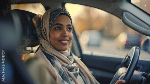 Woman in hijab driving, smiling