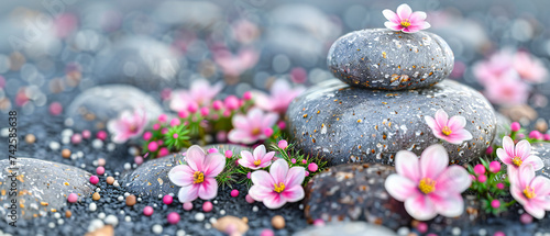 Zen spa concept with pink flowers and black stones  symbolizing tranquility and balance in wellness therapy