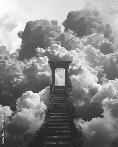staircase to heaven with huge gate at the top of the stairs, high contrast clouds, illustrative photo