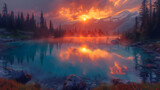 Colorful sunset over the mountains, A sunset over a lake with mountains and clouds.

