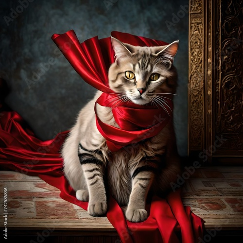 a cat sitting with red silk