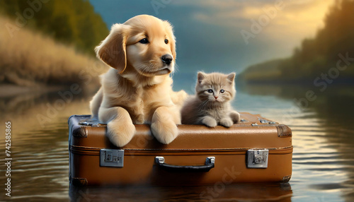 A cute golden retriever puppy dog and a kitten sitting on a suitcase in a stream, the concept of travel and life with animals photo
