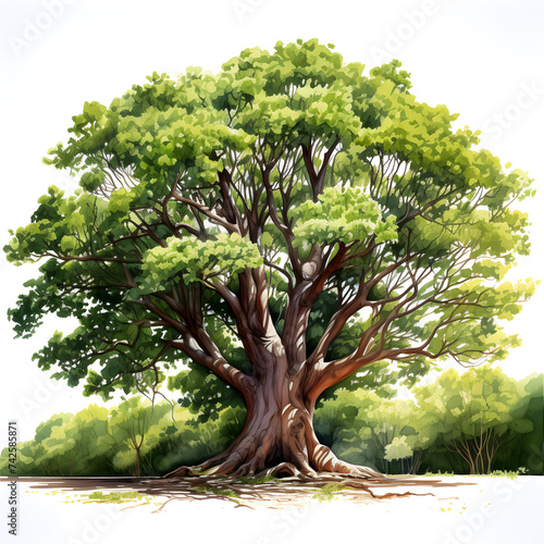 Painting of a large tree with leaves, in the style of realistic, detailed rendering, colored cartoon style photo