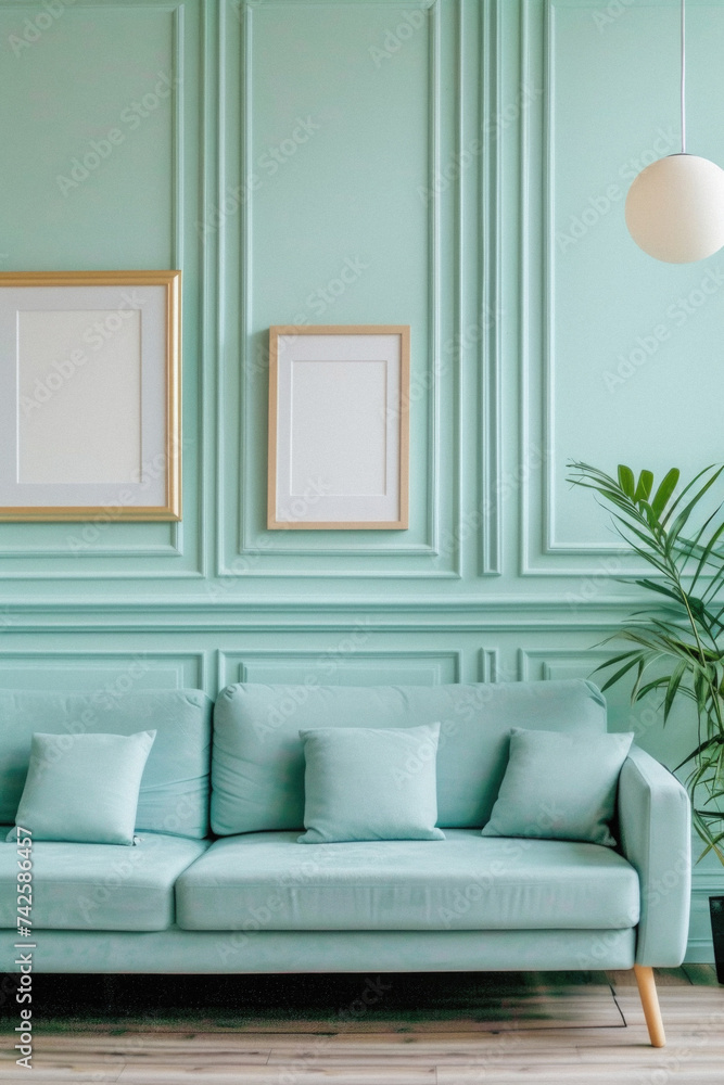 Frames mock up on color wall hanging above cozy home sofa. Modern living room comfortable stylish trendy couch posters decor background. Empty blank pictures canvas interior design decoration mockup . Frames mock up on color wall hanging above cozy home sofa. Modern living room comfortable stylish trendy couch posters decor background. Empty blank pictures canvas interior design decoration mockup .