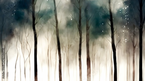 Painted forest drawing, trees silhouettes in luminescent light backgrond photo