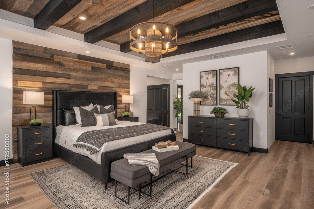 Fototapeta premium Cozy bedroom interior design. Modern light house or hotel room with comfortable large king size bed, luxury linen and stylish trendy minimal or classic decor background. Bedroom home furniture shop .