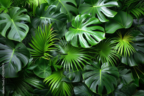 Detailed view of a cluster of fresh green leaves, forming a lush and vibrant background with copy space