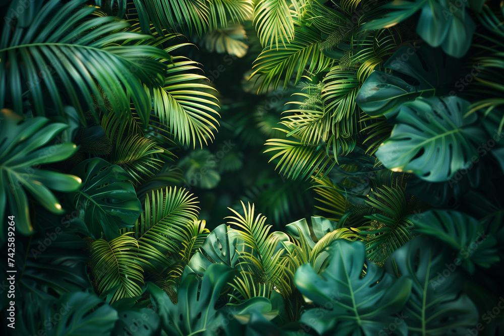 A detailed view of a cluster of vibrant green leaves, creating a lush and rich background perfect for wallpaper with ample copy space A detailed view of a cluster of vibrant green leaves, creating a lush and rich background perfect for wallpaper with ample copy space
