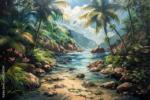 Painting featuring a river flowing through a landscape with lush palm trees and greenery