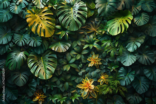 A dense wall covered in vibrant green leaves and adorned with bright yellow flowers  creating a lush and colorful natural background