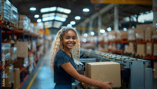 Young teen smiling girl packing boxes with ordered goods in Huge fulfillment e-commerce center company. People manual work, retail commerce industry and worldwide international shipping concept image