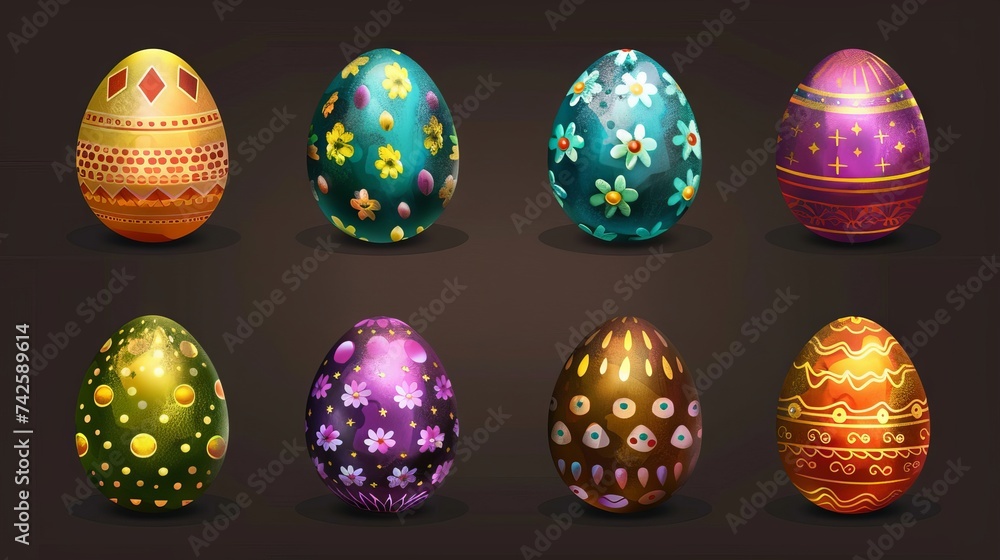 Colored Easter eggs with beautiful decoration patterns on white background - vector illustration