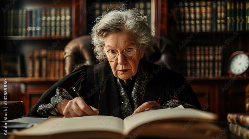 Senior Female Judge with Glasses Reading Legal Documents in Classic Library Setting. She Reviews the Penal Code Senior Female Judge with Glasses Reading Legal Documents in Classic Library Setting. She Reviews the Penal Code