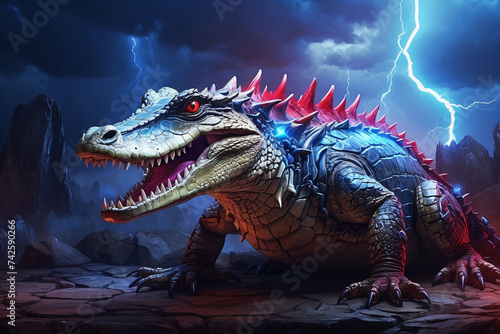 crocodile with red blue lightning background © IOLA