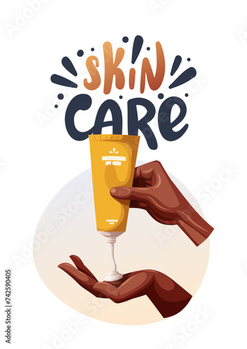 Card design with dark skin hands with tube of cream. Beauty, skin care, body care, cosmetic concept. Vector illustration for card, poster, banner.