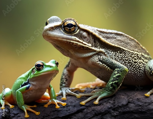 A small and a large frog are sitting next to each other