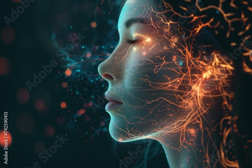 AI Brain Chip plasticity. Artificial Intelligence membrane human brain power mind circuit board. Neuronal network visual network smart computer processor public health informatics