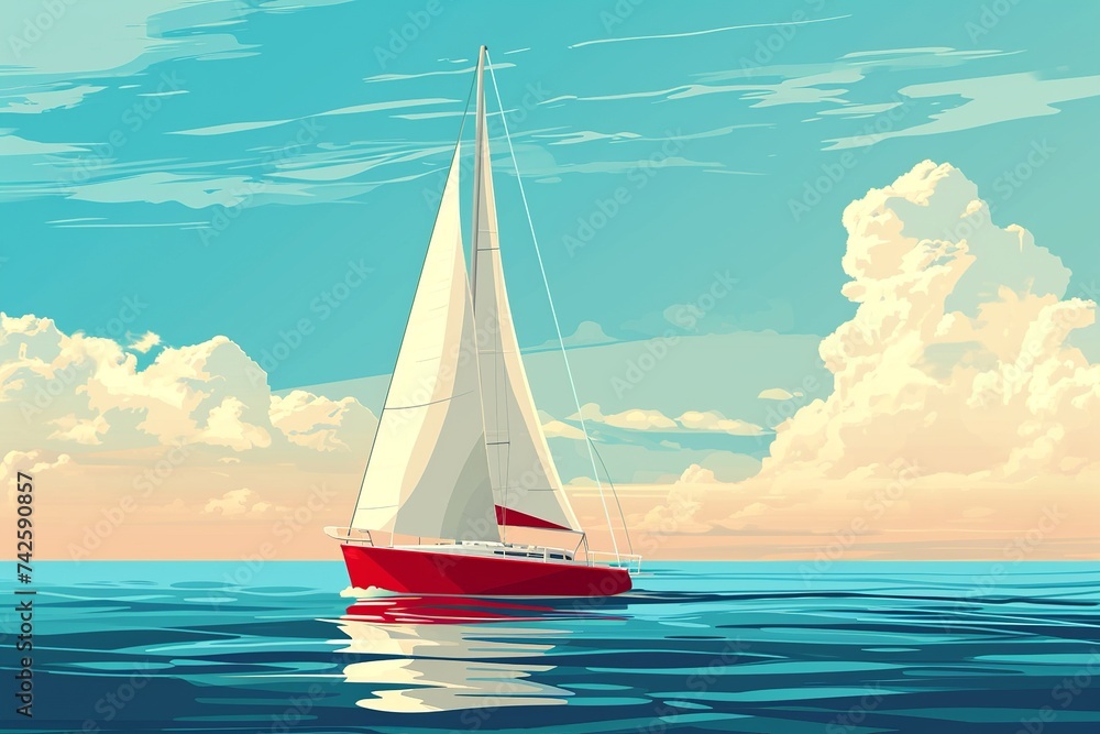 Red yacht with white sail on sea waves. Cloudy sky. Summer sea vacation on ocean.
