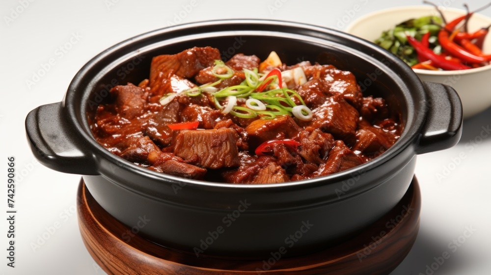 Top view. Korean food. Spicy beef pot on the table. Top view. Korean food. Spicy beef pot on the table.