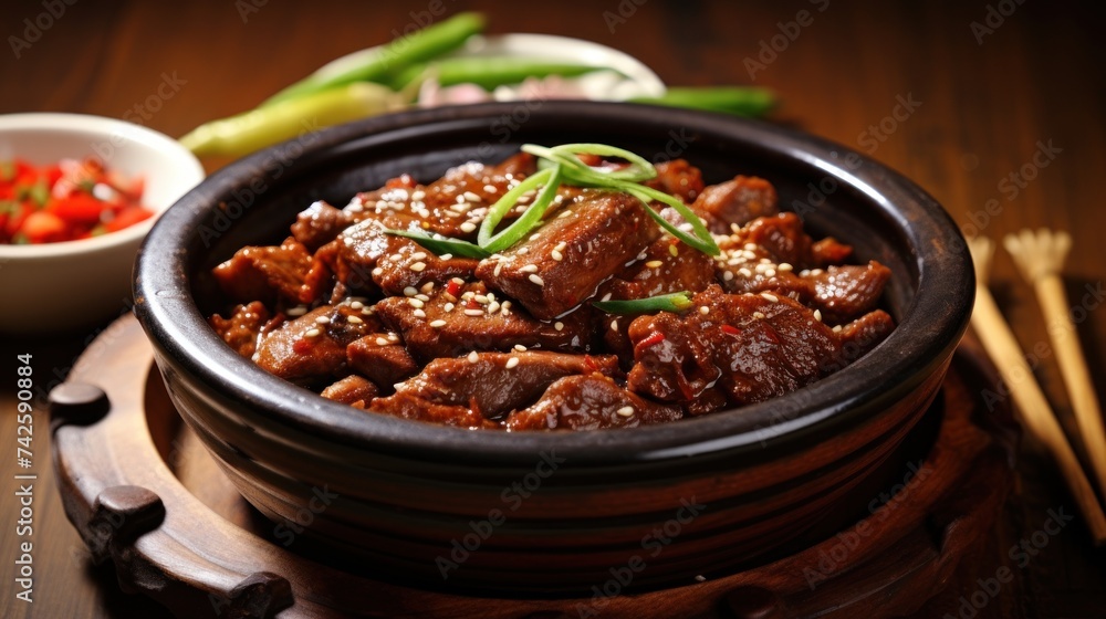 Top view. Korean food. Spicy beef pot on the table. Top view. Korean food. Spicy beef pot on the table.