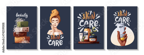 Set of posters with woman, hand with creams, soap, cosmetics, beauty products. Beauty, skin care, cosmetic, spa, shower concept. Vector illustration for banner, card, poster.