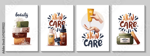 Set of cards with beauty products, cosmetics, soap. Beauty, skin care, body care, cleansing concept. Vector illustration for banner, poster, card.