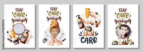 Set of posters with woman, hands with creams, cosmetics, beauty products. Beauty, skin care, cosmetic, spa, shower concept. Vector illustration for banner, card, poster.