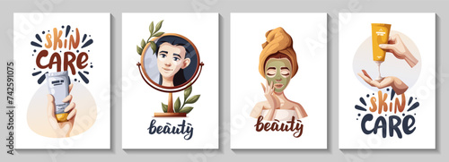 Set of posters with woman, hands with creams. Beauty, skin care, cosmetic, spa, shower concept. Vector illustration for banner, card, poster.