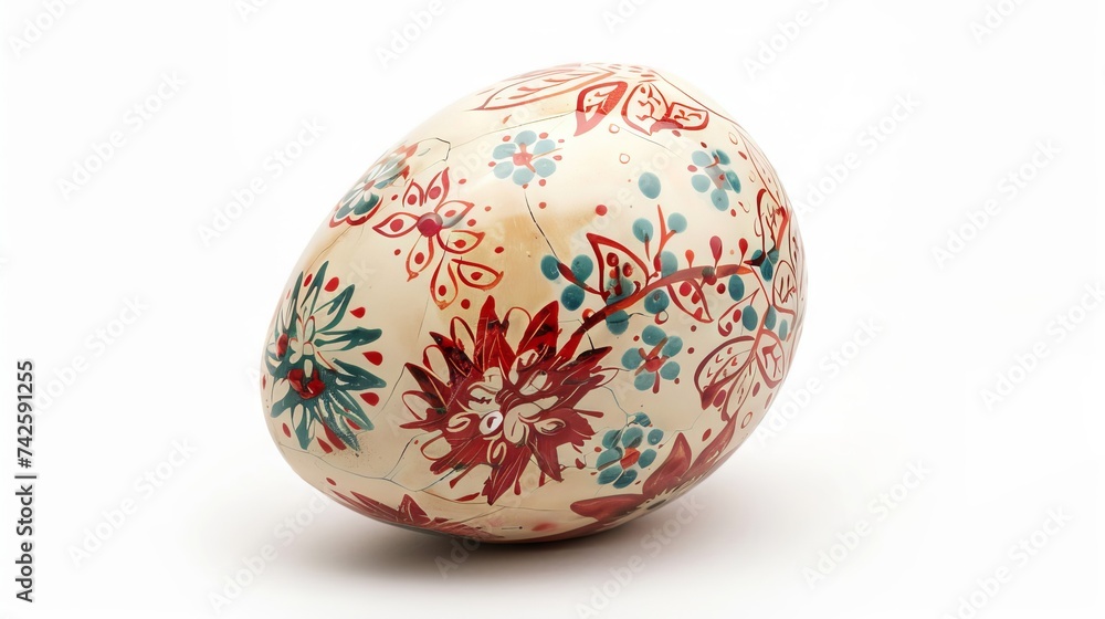 Handmade Easter egg with colorful patterns and ribbons isolated on a white background Handmade Easter egg with colorful patterns and ribbons isolated on a white background