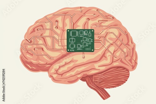 AI Brain Chip red. Artificial Intelligence type mind approximation algorithm circuit board. Neuronal network semiconductor packaging processing parkinson disease