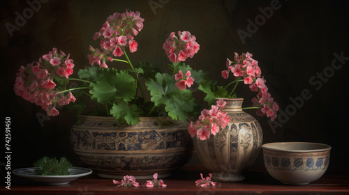 hyper-realistic still life composition featuring Geranium blooms arranged in antique pottery. Utilize controlled lighting to enhance the cinematic ambiance and frame the composition to showcase the cl
