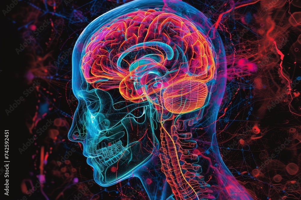 AI Brain Chip brain. Artificial Intelligence stimulation mind traumatic brain injury rehabilitation circuit board. Neuronal deep brain stimulation network digital therapeutics - obrazy, fototapety, plakaty 