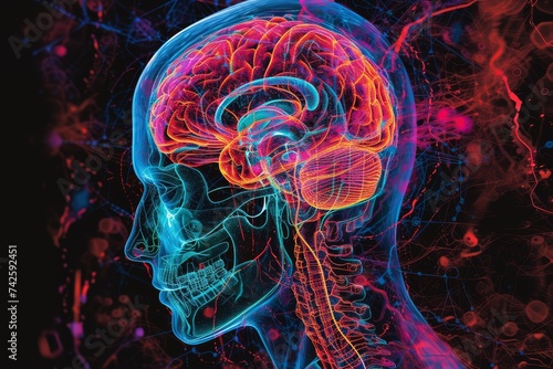 AI Brain Chip brain. Artificial Intelligence stimulation mind traumatic brain injury rehabilitation circuit board. Neuronal deep brain stimulation network digital therapeutics photo