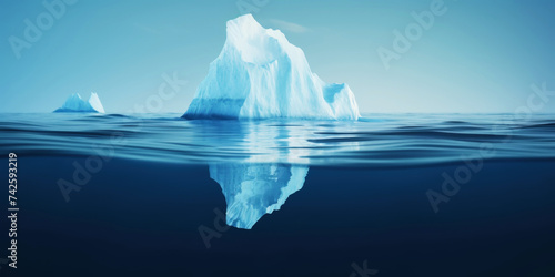 White Iceberg floating in clear blue water sea, under and above water view. Global Warming Concept. Generative AI © AngrySun