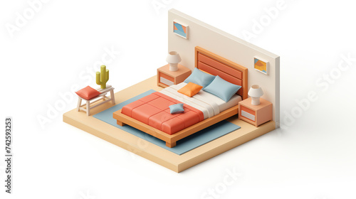 Modern Isometric Bedroom with Coral Bedding, Elegant Decor, and a Calming Color Palette