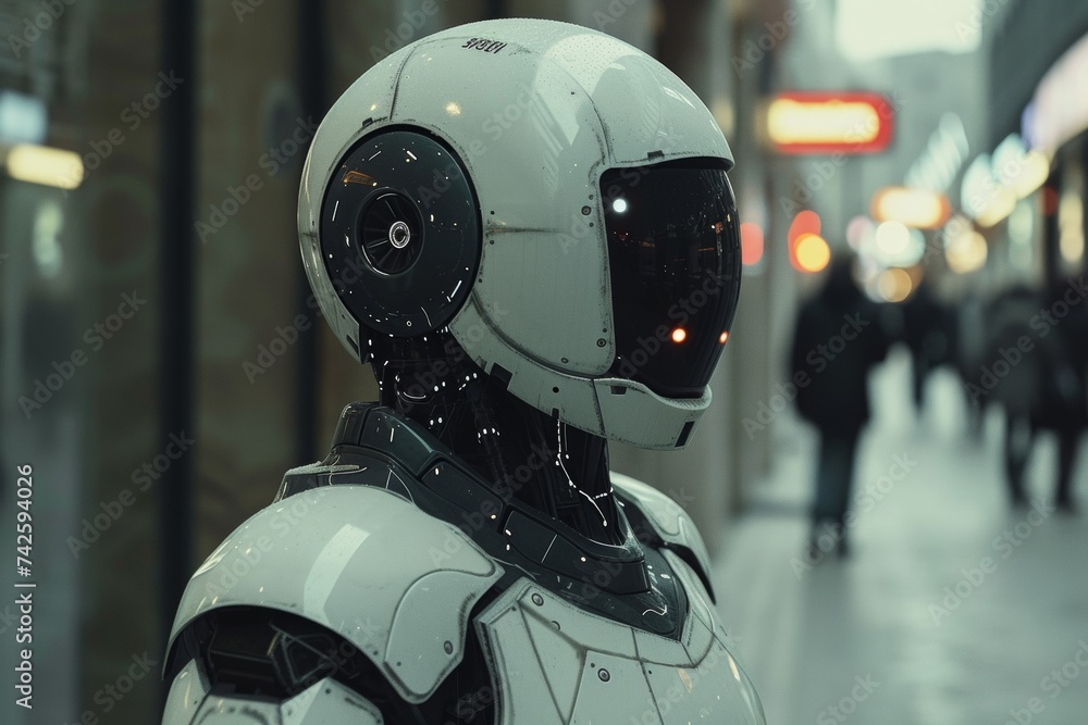 Humanoid Robot with Helmet Visor in Urban Setting, Futuristic Technology Humanoid Robot with Helmet Visor in Urban Setting, Futuristic Technology