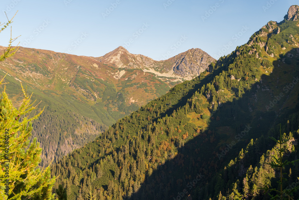 Ostry Rohac and Placlice from Nizny Ostredok hill on Otrhance mountain ridge in Western Tatras mountains - obrazy, fototapety, plakaty 