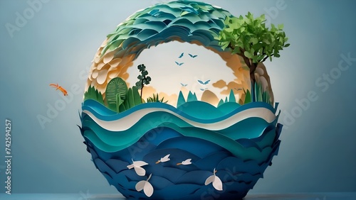 Paper art , Ecology and world water day , Saving water and world Environment day, environmental protection and save earth water, earth globe in the clouds photo