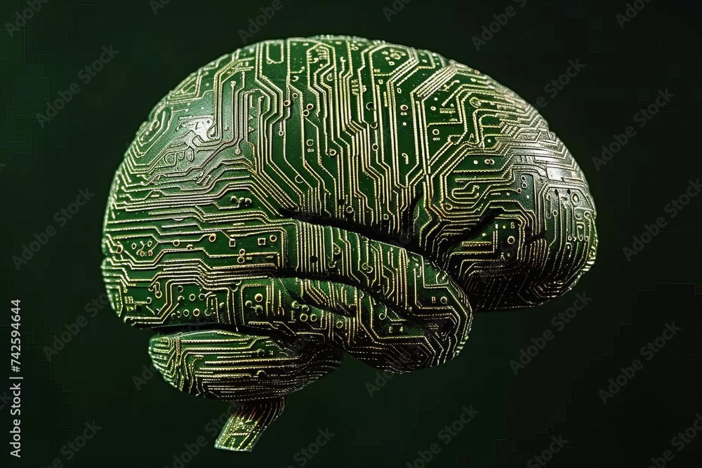 AI Brain Chip neurotechnology. Artificial Intelligence examination mind support vector machine axon. Semiconductor server log management circuit board resistors - obrazy, fototapety, plakaty 