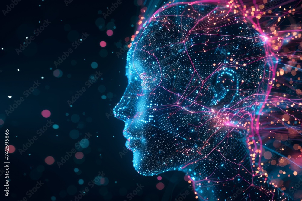 AI Brain Chip imaging. Artificial Intelligence cues human tms mind circuit board. Neuronal network brain mapping smart computer processor brainwave driven technology development
