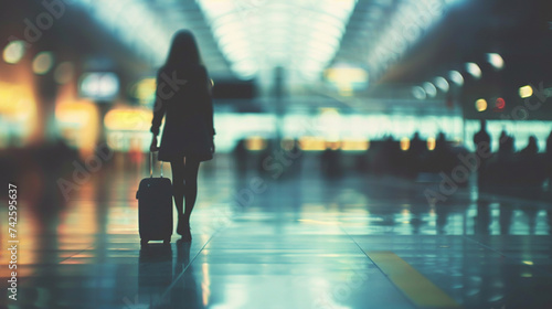 Airport Setting: Frame the image within an airport terminal, with blurred background elements suggesting hustle and bustle, while the focus remains on the woman in the foreground. Generative AI photo