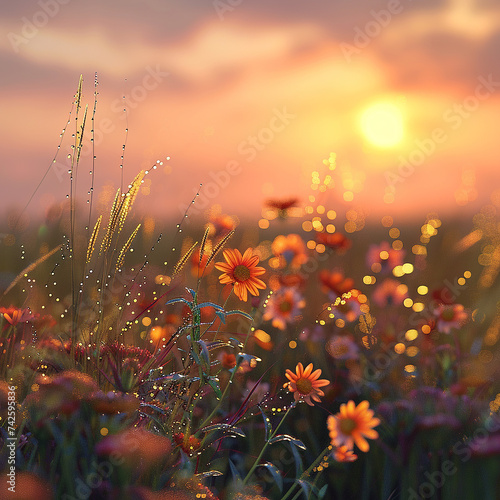 3d rendered photos of sunrise over floral filed, with delicate morning, relaxing scene made with generative AI © Pics Hub