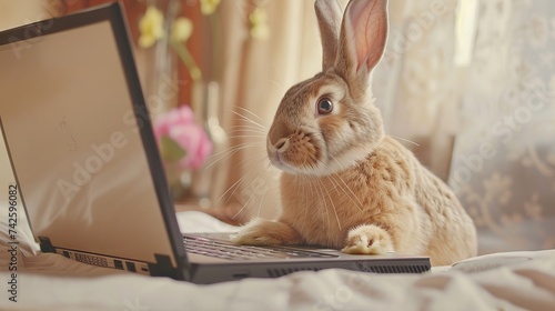 Easter bunny wearing glasses and typing on a laptop with colorful eggs and flowers on a wooden table