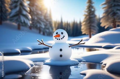 Illustration of a cute Melting snowman who is melting in puddles, snowdrifts are melting around, puddles, trees without leaves, forest, the bright spring sun is shining photo
